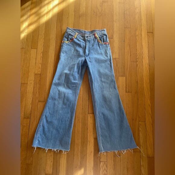 70s Vintage Faded Glory Light Wash Bell Bottoms w. Plaid Detailing - Picture 6 of 15